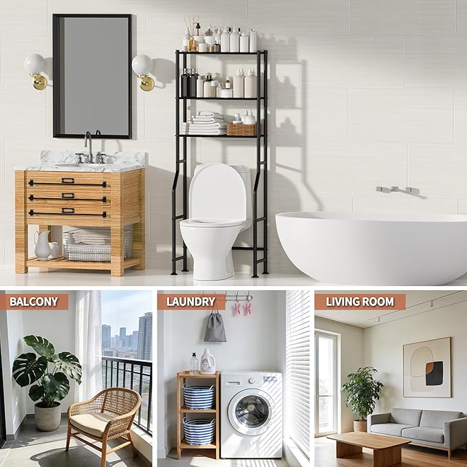 3-Tier Over The Toilet Storage, Freestanding Metal Bathroom Shelves, Space Saver Above The Over Toilet Storage Shelf for Bathroom (Black)