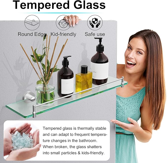 20 Inches Glass Shelves for Bathroom, Brushed Nickel Floating Glass Shelf Stainless Steel Tempered Glass Bathroom Shelves for Wall Mount Modern