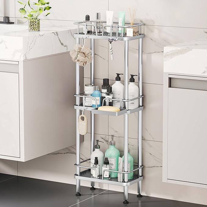HapiRm Standing Corner Shower Caddy - 3 Tier Corner Shower Organizer with Soap Holder, Rustproof Stainless Steel Bathroom Shelf with 4 Hooks, Silver