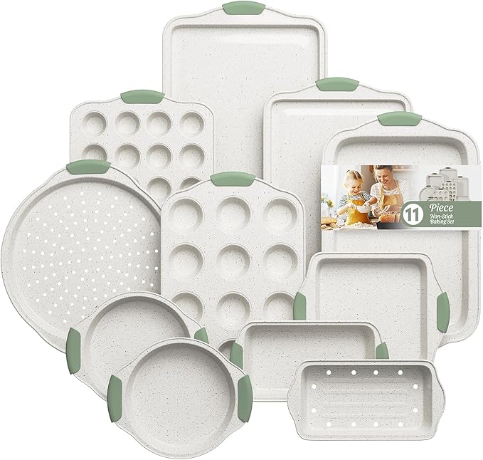 11-Piece Kitchen Nonstick Stackable Bakeware Set, Baking Pans Set, White