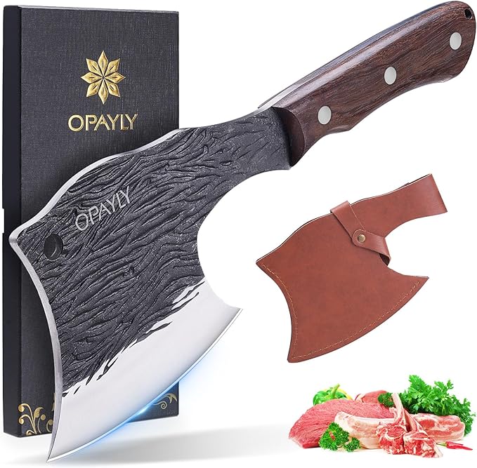 OPAYLY Meat Bone Cleaver Knife Heavy Duty Bone Choppe for Meat Cutting Hand Forged Butcher Axes with Cover cleavers High Carbon meat cleaver for Kitchen Outdoor Camping BBQ gifts for men