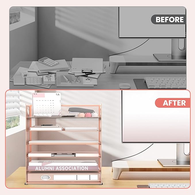 Daltack 6 Tier Paper Organizer for Desk, Paper Letter Tray Organizer for Desks, Mesh Desk File Organizers with Handle for Office, Home, School, Rose Gold