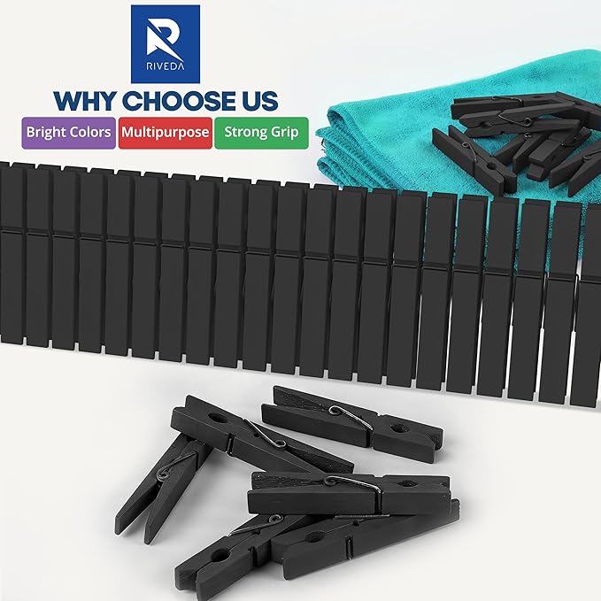RIVEDA 50pcs Colored Wooden Clothes Pins, 2.9inch, Clothespins for Classroom, Clip Hanging Photos, DIY Clips for Crafts, Decorations (Black)