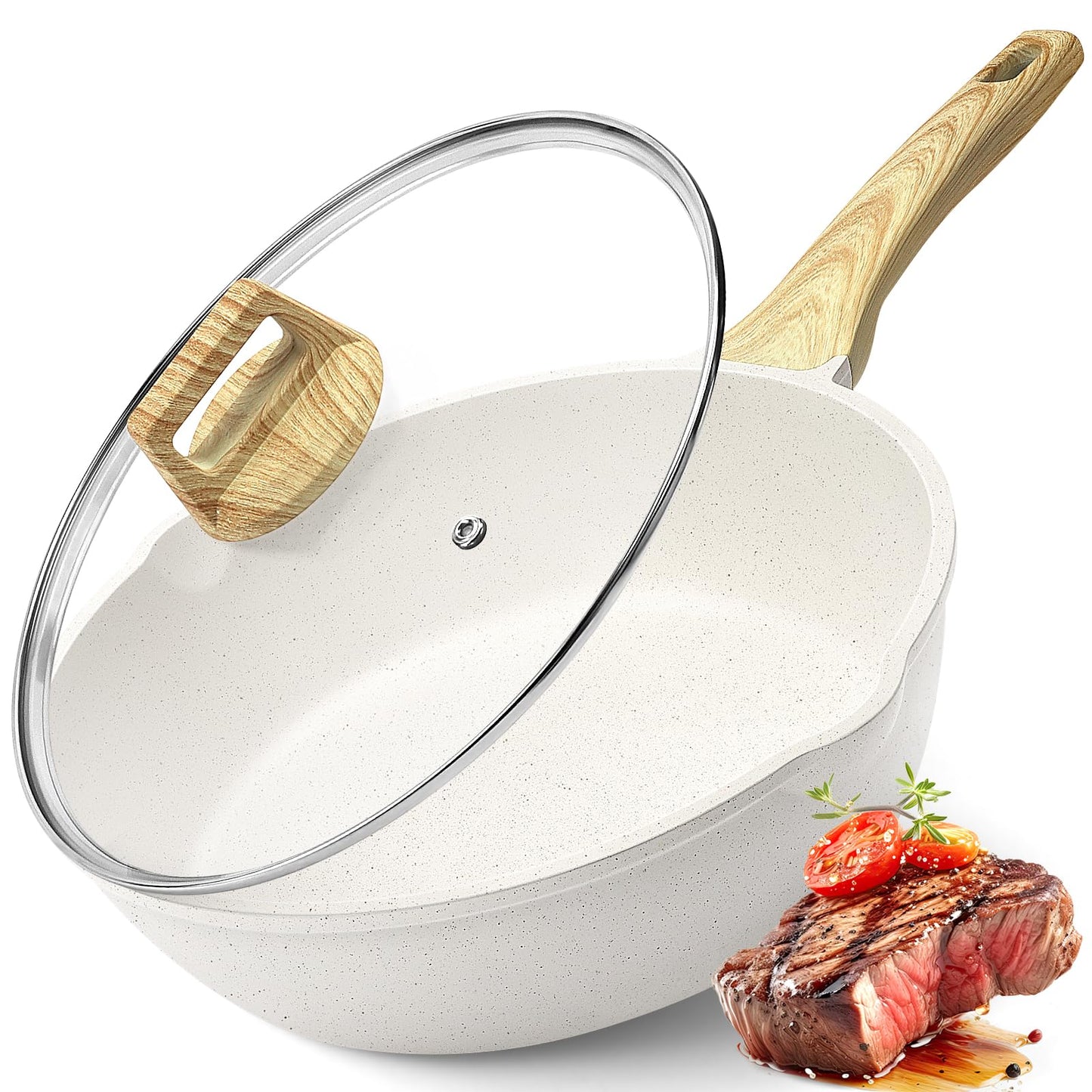 GiPP Ceramic Nonstick Deep Frying Pan Skillet, 12" Saute Pan with Lid, Induction Cookware Non Stick Cooking Pan, PTFE PFOA PFOS APEO Free,White