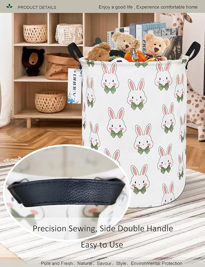 Round waterproof laundry basket,foldable storage basket,laundry Hampers with handle,gift basket,suitable for children's room and toy storage (Rabbit)