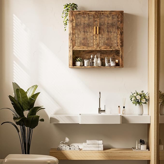 Bathroom Wall Cabinet, Wall-Mounted Medicine Cabinet with Adjustable Wood Shelf & Doors, Floating Bathroom Cabinet Over Toilet for Laundry Room & Kitchen & Living Room (Retro)