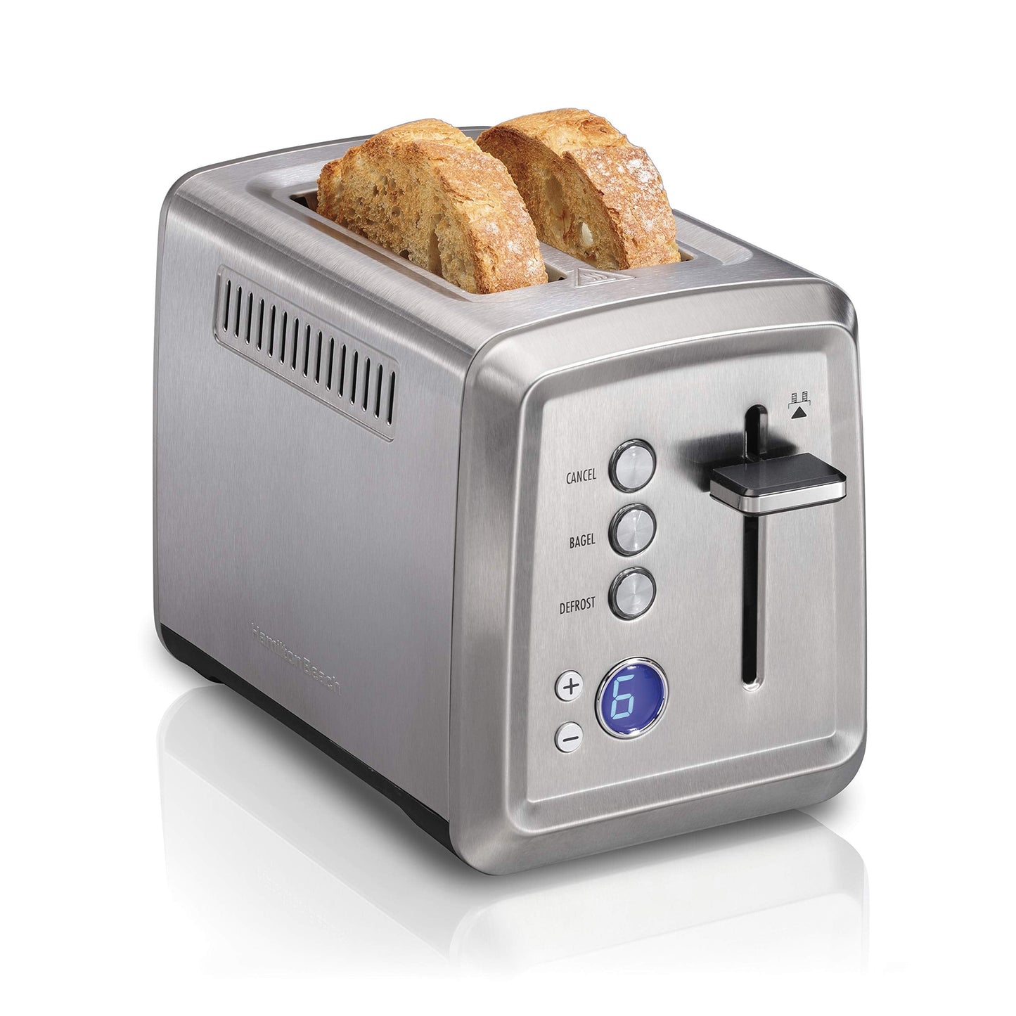 Hamilton Beach 2 Slice Toaster with Extra-Wide Slots, Bagel Setting, Toast Boost, Slide-Out Crumb Tray, Auto-Shutoff & Cancel Button, Defrost Function, Stainless Steel (22794)