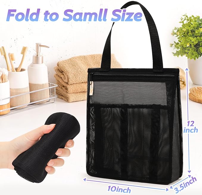 Portable Mesh Shower Caddy, Gym Travel Camp Dorm Room Essentials for College Student Boy Girl, Bathroom Shower Bag - Black