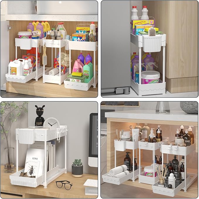 3 Pack Under Sink Organizers, 2-Tier Multi-Use Kitchen and Bathroom Organizers and Storage with Sliding Drawers,Bathroom Cabinet Organizer (White, 14.8 Inch)