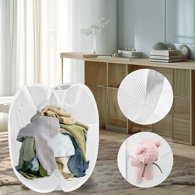 Pop Up Laundry Hamper, Mesh Laundry Basket Collapsible, Foldable Hamper for Travel and Storage (White)