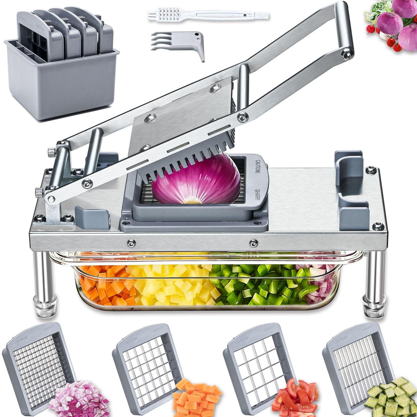 All-in-1 Vegetable Chopper with 8 Blades - Mandoline Slicer-Pro Food Chopper with Container - Veggie Salad Onion Chopper - Potato Dicer French Fry Cutter - Cheese Grater - Stainless Steel material