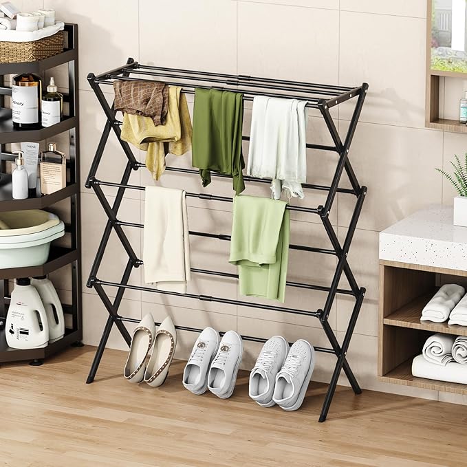Foldable Drying Rack Clothing, 3-Tier Portable Clothes Drying Racks for Indoor & Outdoor, Anti-Rust Compact Laundry Rack Collapsible, Black 28" D x 10" W x 35" H