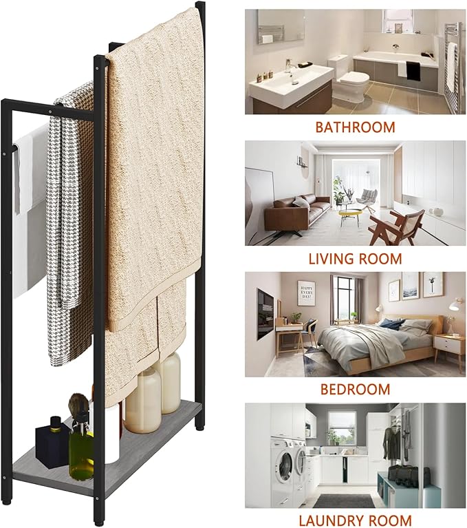 Freestanding Towel Rack, 3 Tier Blanket Ladder Stand with Oak Grey Wooden Shelf for Bathroom Living Room (31.5”H x 16.9”W x7.9”D)