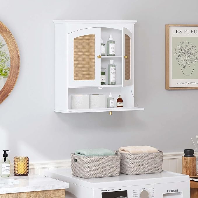 Spirich Bathroom Cabinet Wall Mount, Boho Medicine Cabinet for Bathroom, Over The Toilet Storage Cabinet with Rattan Doors and Tilt-Out Cube