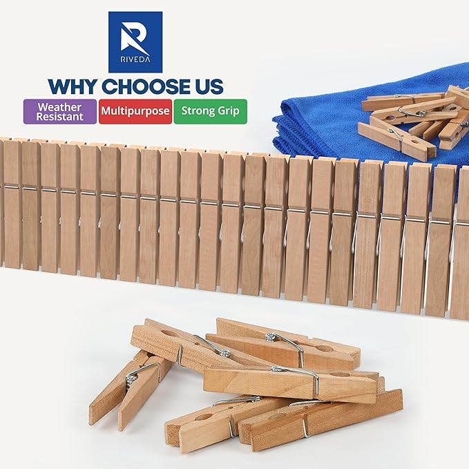 RIVEDA 50pcs Wooden Clothes Pins with Storage Bag, 2.9 Inch Natural Wood Clothespins, Strong Grip Laundry Clips for Clothesline, Hanging Clothes, Crafts & Home Use