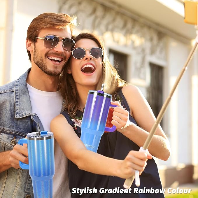 40 oz Shiny Tumbler with Handle and Straw,Stainless Steel Tumbler with Lid and Straw,Insulated Travel Mug(Cold for 34 Hours),Water Bottle for Iced Tea,Coffee (Blue)