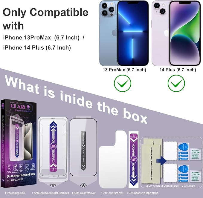 2 Pack Screen Protector for iPhone 13 Pro Max/iPhone 14 Plus, 9H Tempered Glass