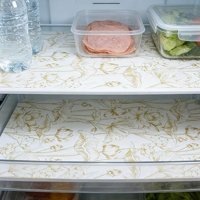 Shelf Liners Non Adhesive Light Base Gold Lotus Pattern - Thickened Non-Slip Easy to Clean Drawer Liner for Kitchen Cabinets, Tool Box, Refrigerator, with Knife & Tape Measure, 17in x 30FT