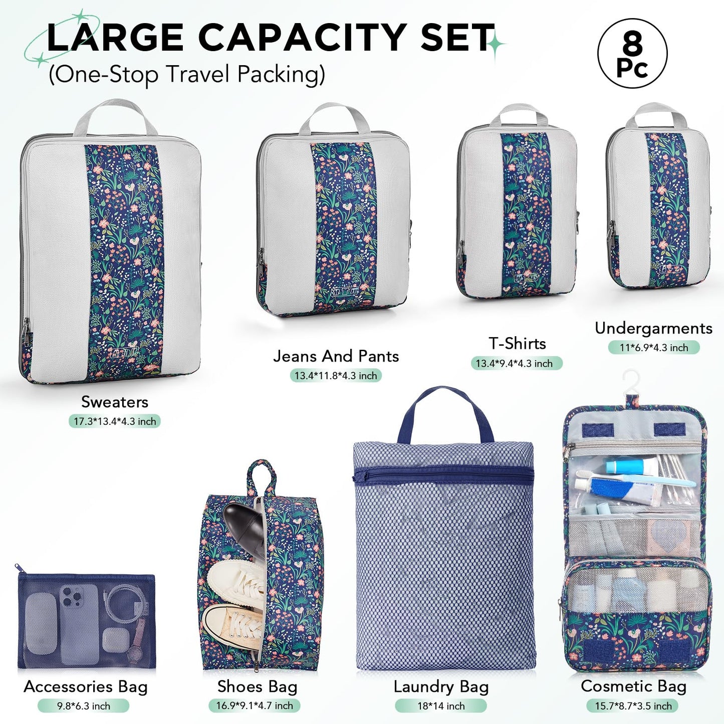 8 Set Compression Packing Cubes for Travel Essentials,Compressible Expandable Packing Cubes for Suitcase,OlarHike Luggage Organizer Bags,Handy Helper for Organizing Clothes(Dark Blue Floral)
