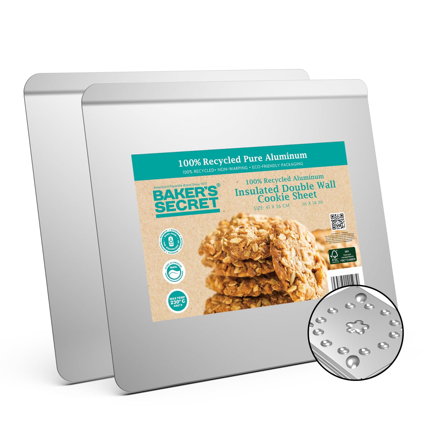 Baker's Secret Commercial Grade Natural Pure Aluminum 2pcs Cookie Sheet Flat 16", 100% Recycled, Baking Tray For Oven, Chemical Free No PFOA, PFOS, and PTFE - The Natural Aluminum Collection