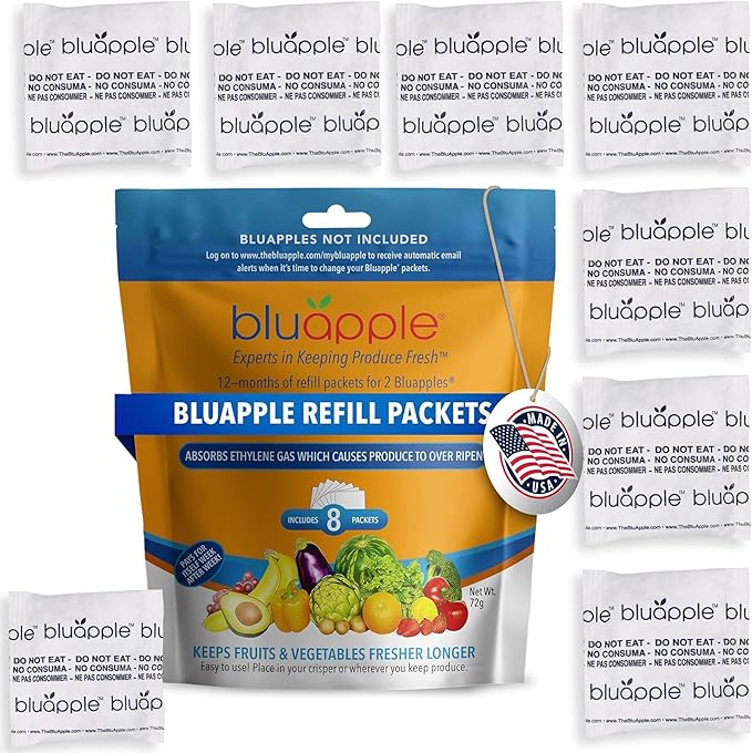 Bluapple Produce Saver Ethylene Gas Absorber - Fresh Fruit & Vegetable Storage, Food Savers for Refrigerator, 8 Packets (9g each), Each Packet Lasts 3 Months, Kitchen Must Haves, USA Made - Refill Kit