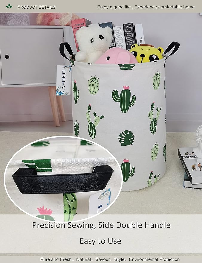 Round Fabric Storage Bin,Decorative Basket,Organizer Basket with Handles,for Clothes Storage,books and sundries (Green Cactus), 19.7inch(H) x 15.7inch(D)