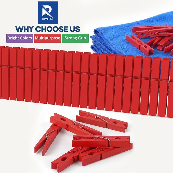RIVEDA 50pcs Colored Wooden Clothes Pins, 2.9inch, Clothespins for Classroom, Clip Hanging Photos, DIY Clips for Crafts, Decorations (Red)