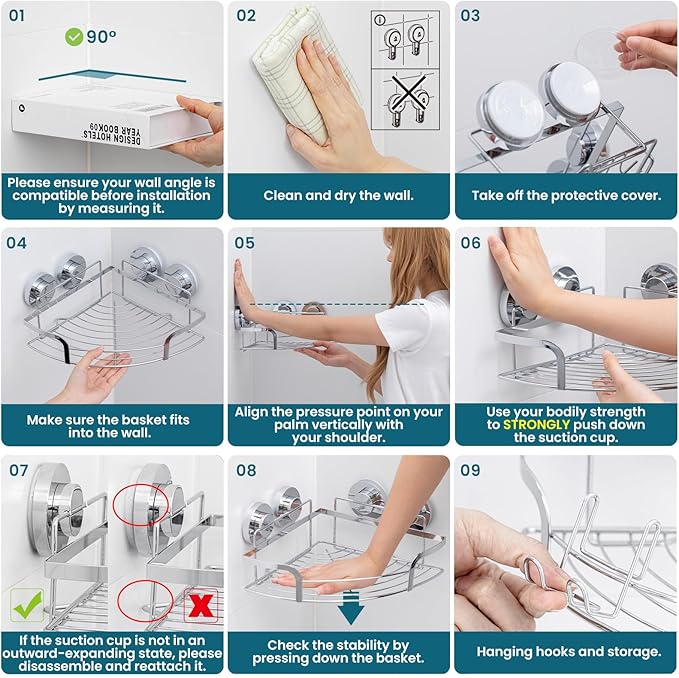 TAILI 2 Pack Powerful Suction Cup Corner Shower Caddy, Stainless Steel Rustproof Shower Shelf with Hook, Drill-Free Wall Mounted Basket, Large Capacity Removable Suction Cup Bathroom Organizer, Silver