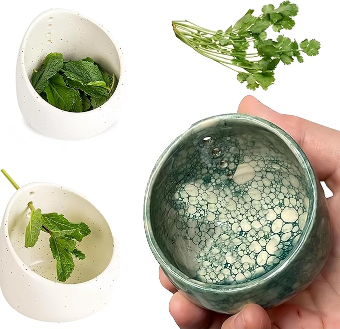 Premium Herb Stripper Bowl,2025 New Pottery Herb Stripper Bowl With Various Hole Sizes,Efficient Herb Peeling Cup For Salads Cooking,Pottery Kitchen Tool For Meal Prep (White)