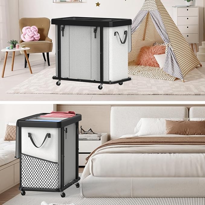 230L (60 Gal) Large Fashion Laundry Basket with Wheels, Leather Patchwork Laundry Sorter 3 Section, Sturdy Metal Frame, Removable Washable Bag, Tall Clothes Sorter for Bedroom - Beige