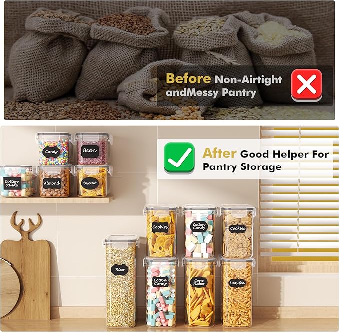 SNSLXH Airtight Food Storage Containers with Lids, 24 pcs Plastic Pantry Organizers and Storage Canisters for Cereal, Dry Food, Flour and Sugar, BPA Free, Includes 24 Labels