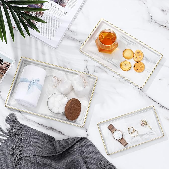 Luxspire Marble Ceramic Vanity Tray - 11" Gold and White Counter Tray for Dresser, Kitchen, Perfume, Bathroom Accessories