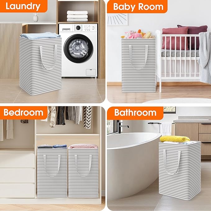 3 Pack Laundry Hamper, Waterproof & Freestanding Large Laundry Basket, Collapsible Clothes Hampers with Easy Carry Long & Reinforced Handles in Bedroom Bathroom, College Dorm(75Lx3, Gray)
