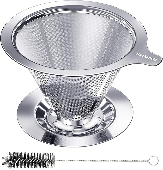Hanlomele Pour Over Coffee Dripper, Paperless Reusable Coffee Filter, Pour Over Coffee Maker for Single Cup Brew, Double Mesh Design of Stainless Steel Cone Filter for Perfect Extraction (1-2 Cup)