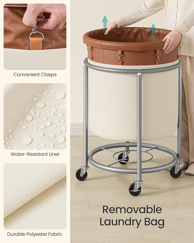 SONGMICS 50.2-Gallon (190 L) Laundry Basket with Wheels, Rolling Round Heavy-Duty Laundry Hamper Cart with Steel Frame and Removable Bag, 2 Locking Wheels, Coffee Brown and Cream White URLS001KQ02