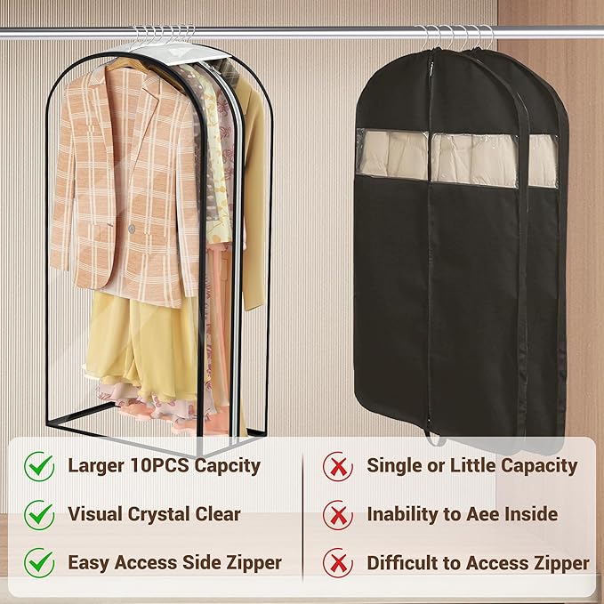 Garment Bags for Hanging Clothes 50” Long, Ultra Clear Suit Bags for Closet Storage, Moving Organization, Travel Covers with 10" Gussets for Coat, Dress, Shirt and Sweater - 2 PCS
