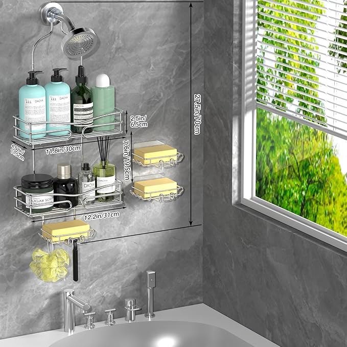 Over the Shower Head Caddy - 2-Tier Shower Caddy Hanging with 2 Movable Soap Holder, Stainless Steel Hanging Bath Organizer with High Guardrail for Bathroom, Silver