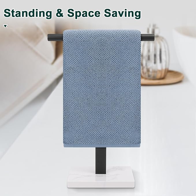 Hand Towel Holder, T-Shape Hand Towel Stand for Bathroom, Hand Towel Rack Bar Standing for Vanity Kitchen Countertop, 304 Stainless Steel, Marble Base (Black)