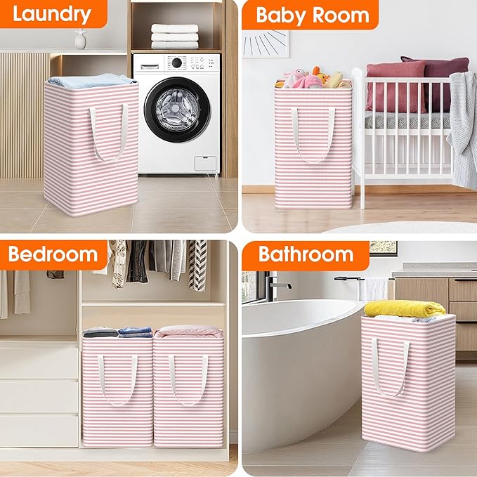 3 Pack Large Laundry Basket,Waterproof & Freestanding Laundry Hamper,Collapsible Clothes Hampers with Easy Carry Long & Reinforced Handles in Bathroom,College Dorm(75Lx3,Pink)