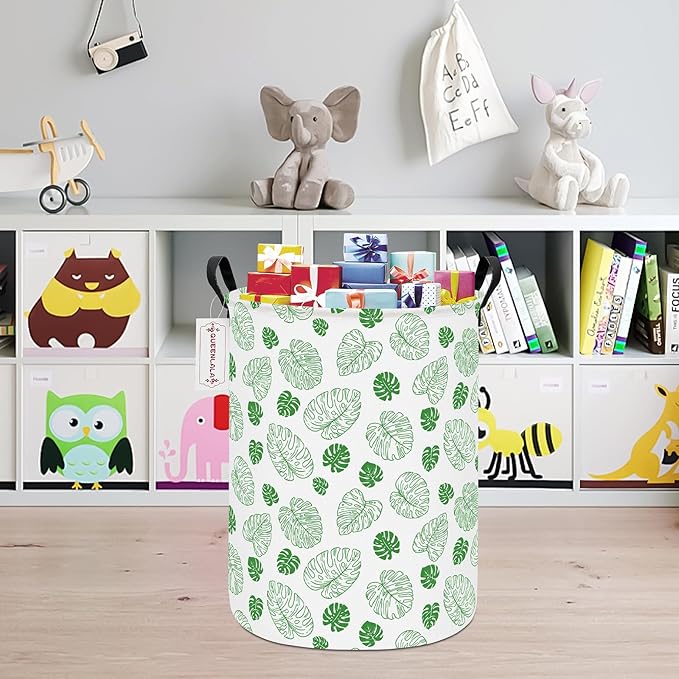 QUEENLALA Large Storage Basket,Laundry Hamper/Bathroom/Home Decor/Collapsible Round Storage Bin,Boys and Girls Hamper/Boxes/Clothing(Round-Green Leaf)