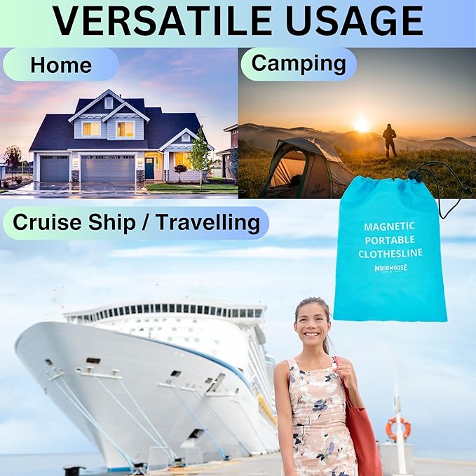 Magnetic Clothesline for Cruise Ship Cabin Approved - Strong Rubber Coated Non-Scratch Magnets, Travel Clothesline for Cruise Ship Essentials 2026 Updated Stronger Magnets