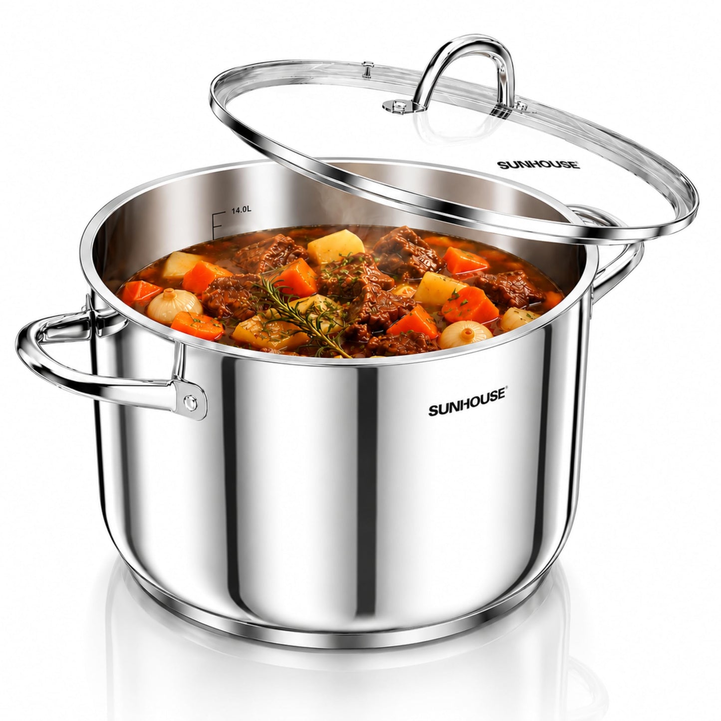 Sunhouse: Stainless Steel Stock Pot - 11 Quart - Tempered Glass Lid, 3-Ply Bottom, Soup-Pasta-Food, Boil-Simmer, All Cooktops, Dishwasher & Oven Safe