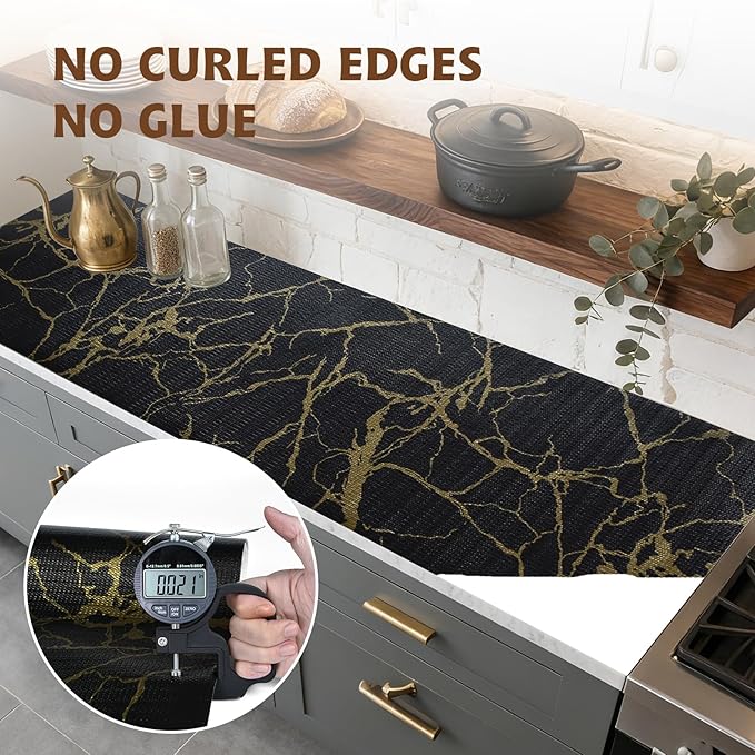 2-Layer Drawer and Shelf Liner for Kitchen Cabinet: 12in X 20Ft Non Slip Waterproof Shelf Paper Non Adhesive Refrigerator Liners Black/Gold Marble Easy Liners for Bathroom with Knife Tape Measure
