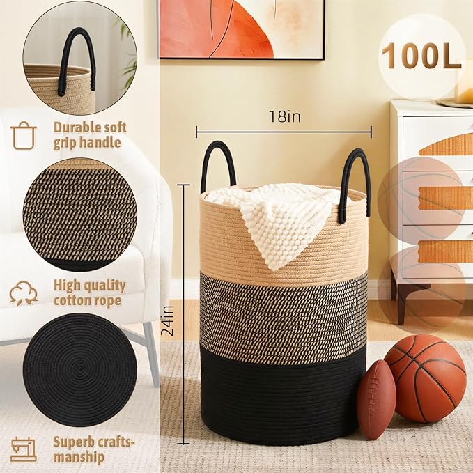 Laundry Basket,Woven Cotton Rope Laundry Hamper,100L for Decorative Storage of Dirty Clothes,Toys and Blankets in Bathroom,Bedroom and Living Room