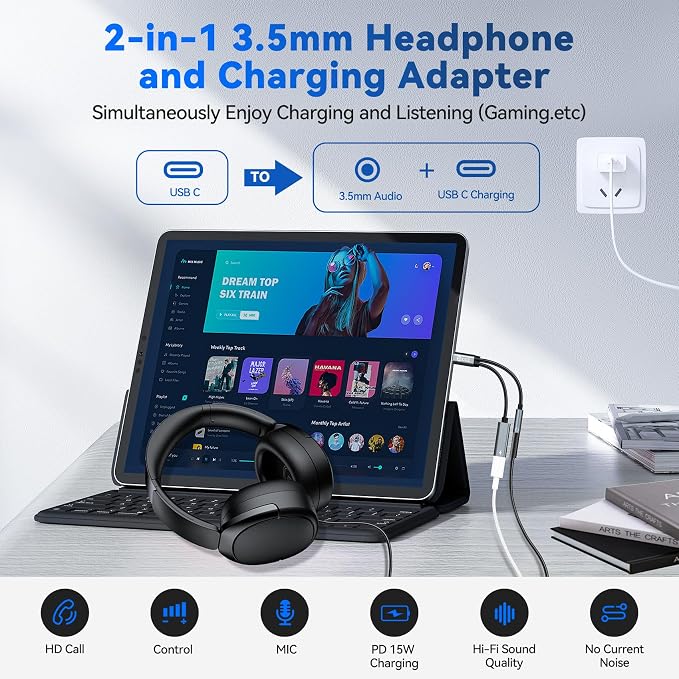 USB C Splitter for KZ ZS10 PRO, CCZ CA01 USB C to 3.5mm Audio Headphone and