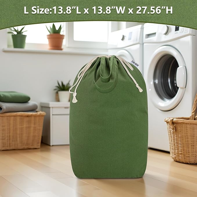 Canvas Laundry Bags with Handles & Square Base 13.8"Lx13.8"Wx27.6"H, Large Heavy Duty Laundry Basket Hamper Liner, College Dorm Washable Drawstring Canvas Dirty Clothes Bag (Army Green)