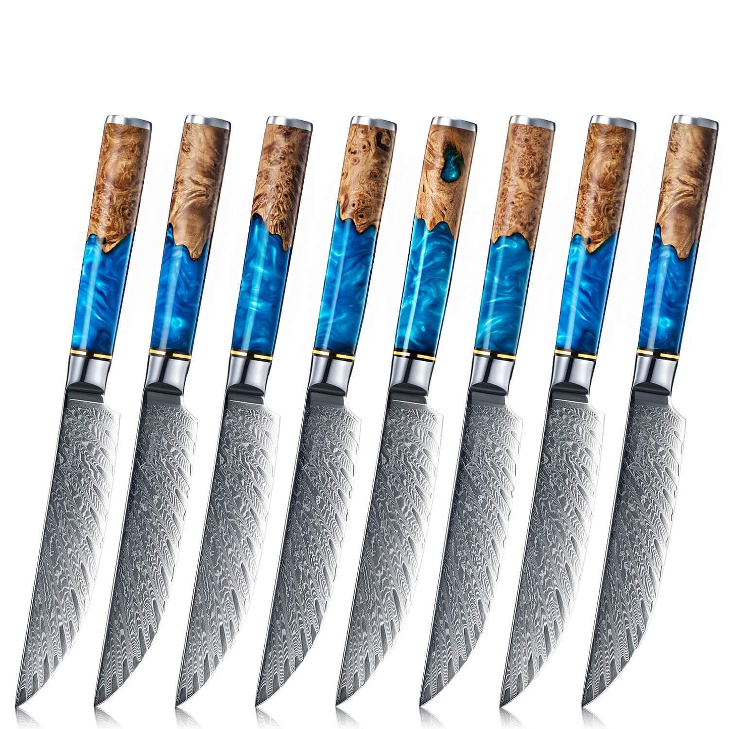 SENKEN Damascus Steak Knife Set - Black Tsunami Collection - 67-Layer Japanese VG10 Steel - Razor Sharp Non-Serrated Blades, Black Resin & Burl Wood Handles, Luxury Gift Box