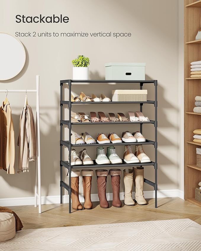 SONGMICS Shoe Rack, 3-Tier Shoe Storage Organizer, Space-Saving, 11.7 x 24.5 x 21 Inches, Entryway, Metal Frame, Non-Woven Fabric Shelves, Ink Black ULSH023BH01