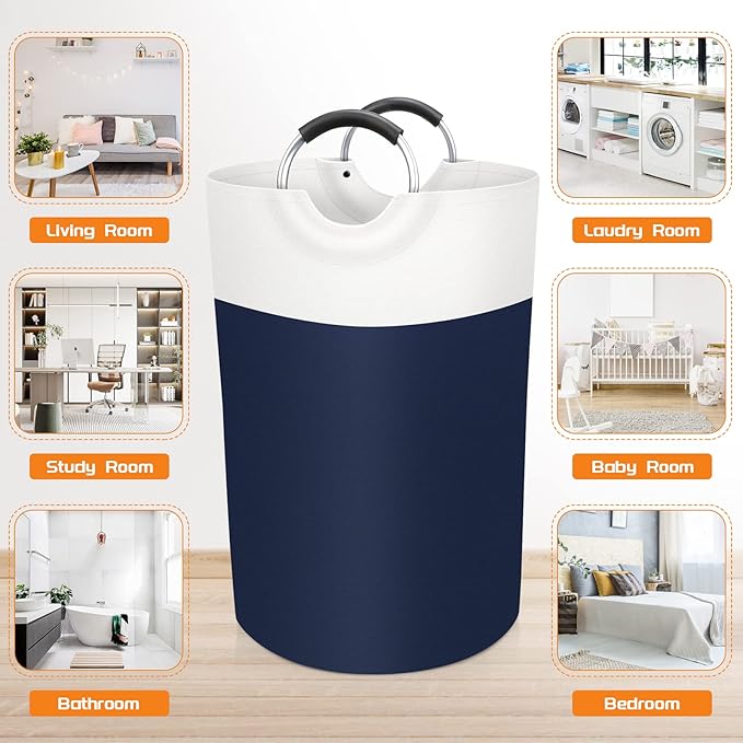 BlissTotes 75L Laundry Basket, Freestanding Laundry Hamper, Collapsible Dirty Clothes Hamper, Waterproof Fabric with Foam Protected Aluminum Handles for College, Dorm, Family (Blue)