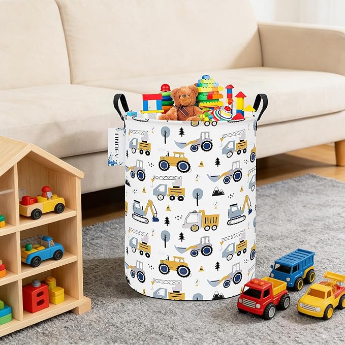 Round Foldable Laundry Hamper Kids Forest Vehicles Excavator Boys Gift Basket Suitable For Home Decoration and Toy Storage(Excavator)